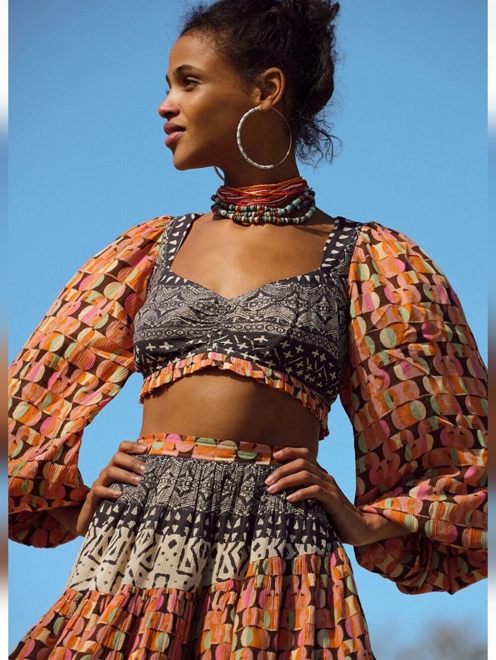 Free People Naomi Boho Puff Sleeve Endless Summer Print Crop Top